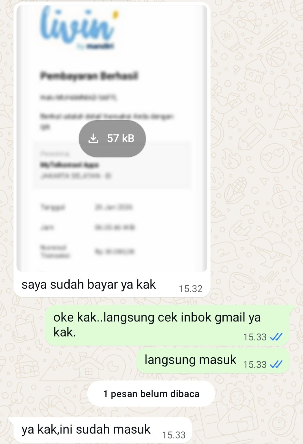 Screenshot WhatsApp testimoni pelanggan